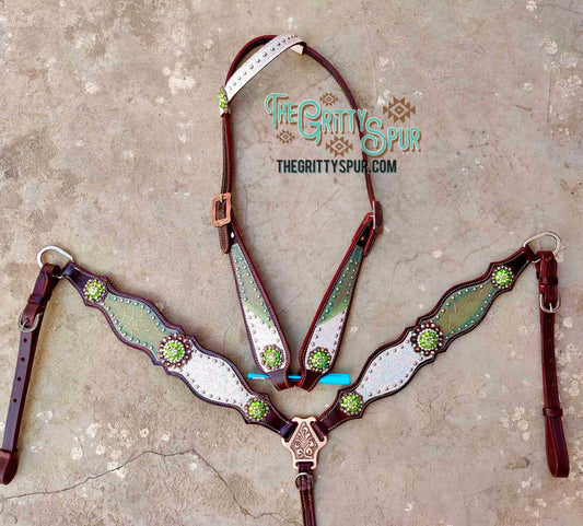 Pre order- moss green mosaic with white glittery inlay tack set