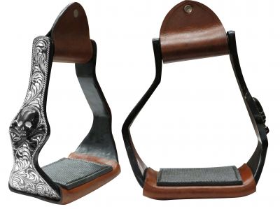 IN STOCK Black Aluminum angled stirrups with skull and cross bones