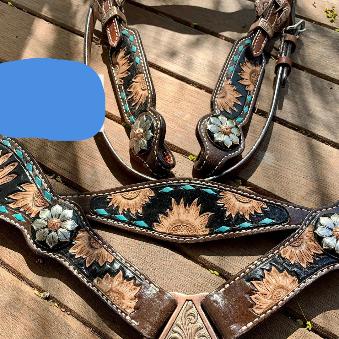 Sunflower tooled turquoise tack set