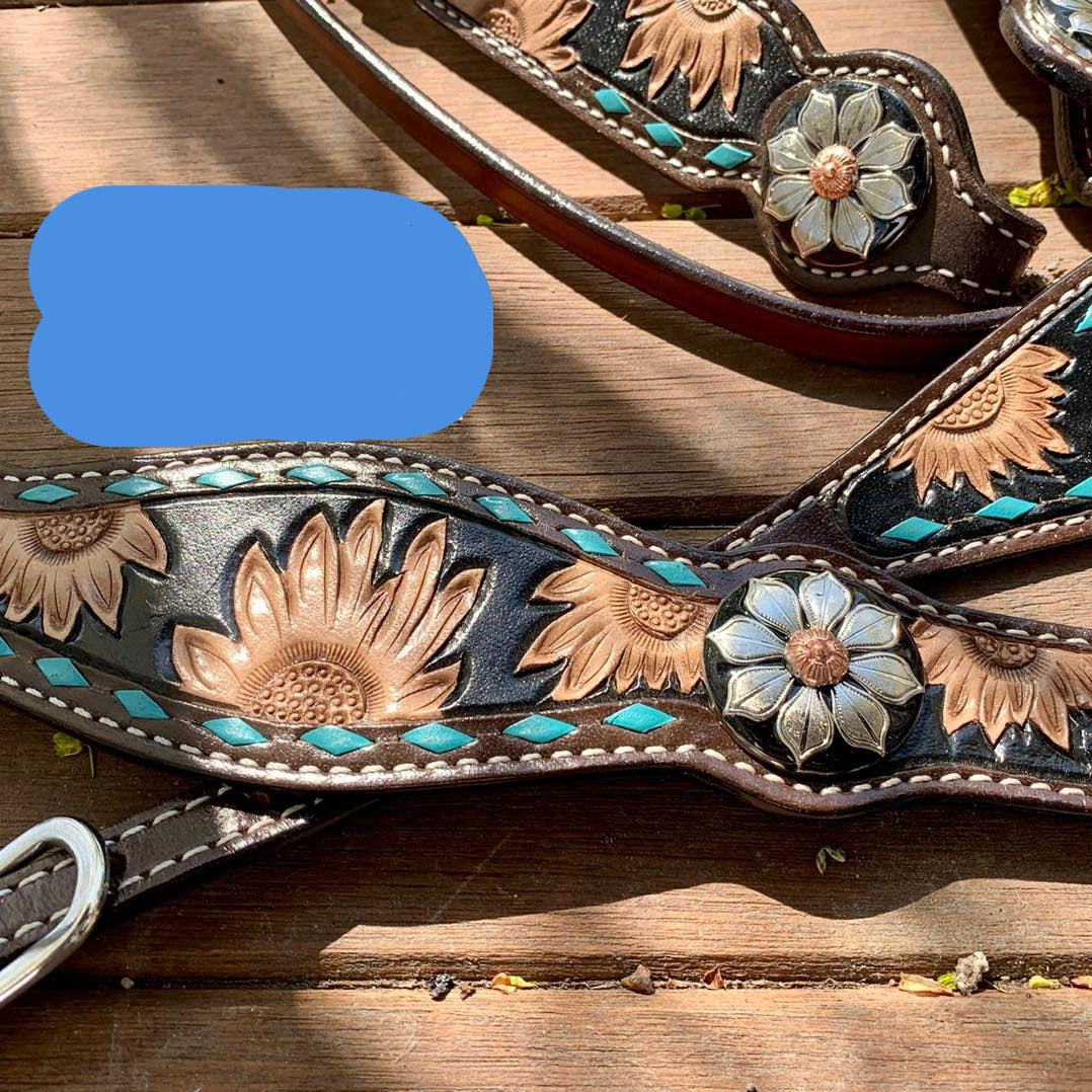 Sunflower tooled turquoise tack set