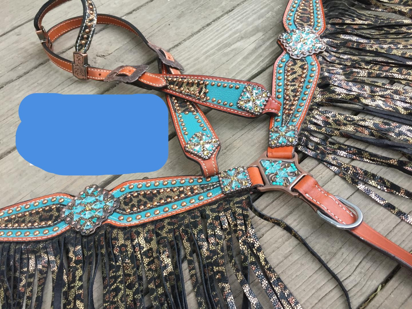 Bejeweled metallic teal leopard or cheetah tack set