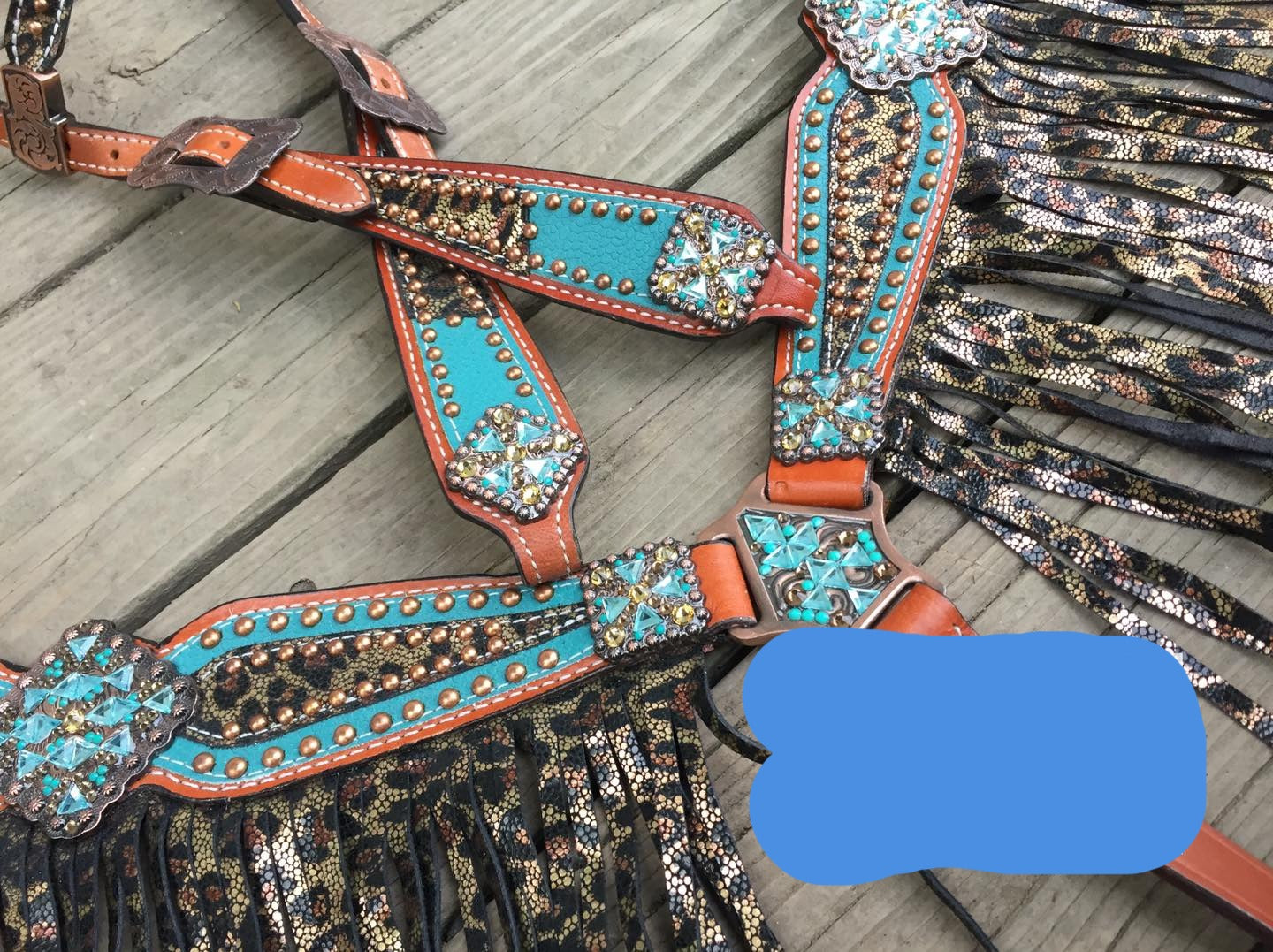 Bejeweled metallic teal leopard or cheetah tack set