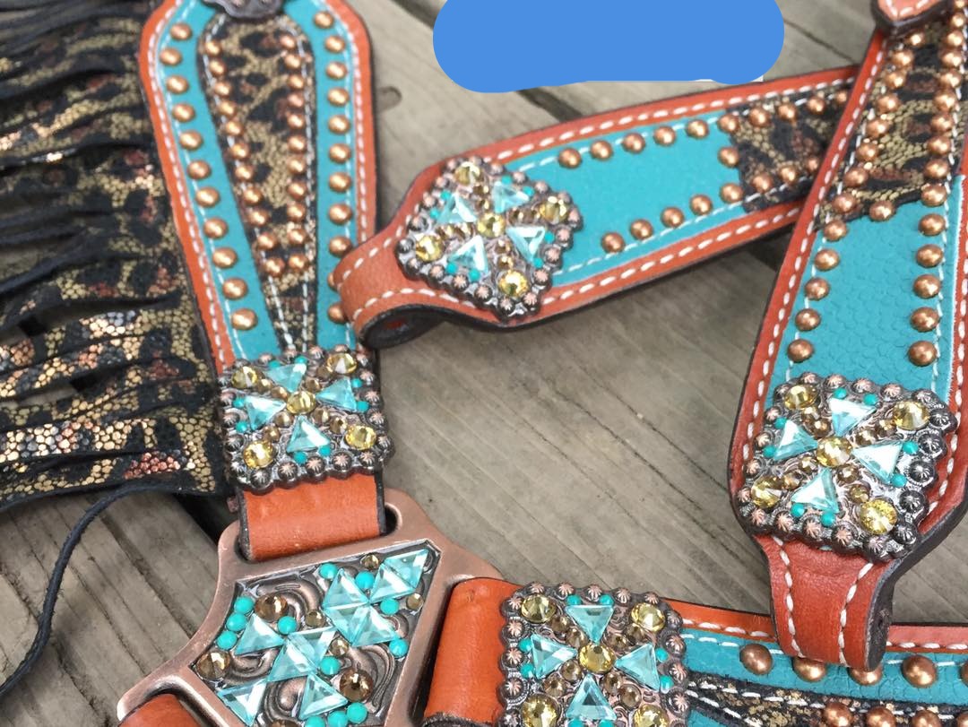 Bejeweled metallic teal leopard or cheetah tack set