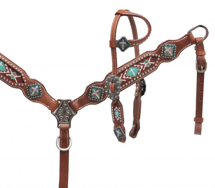 PONY one ear teal beaded inlay tack set