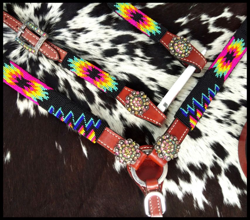 Bright color beaded southwest tack set