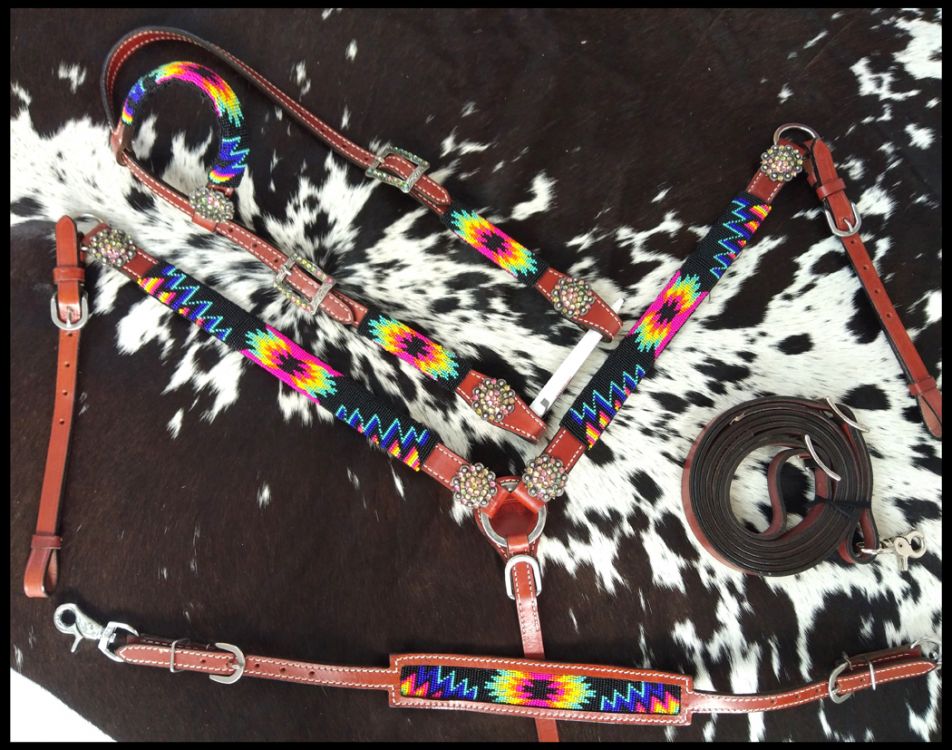 Bright color beaded southwest tack set