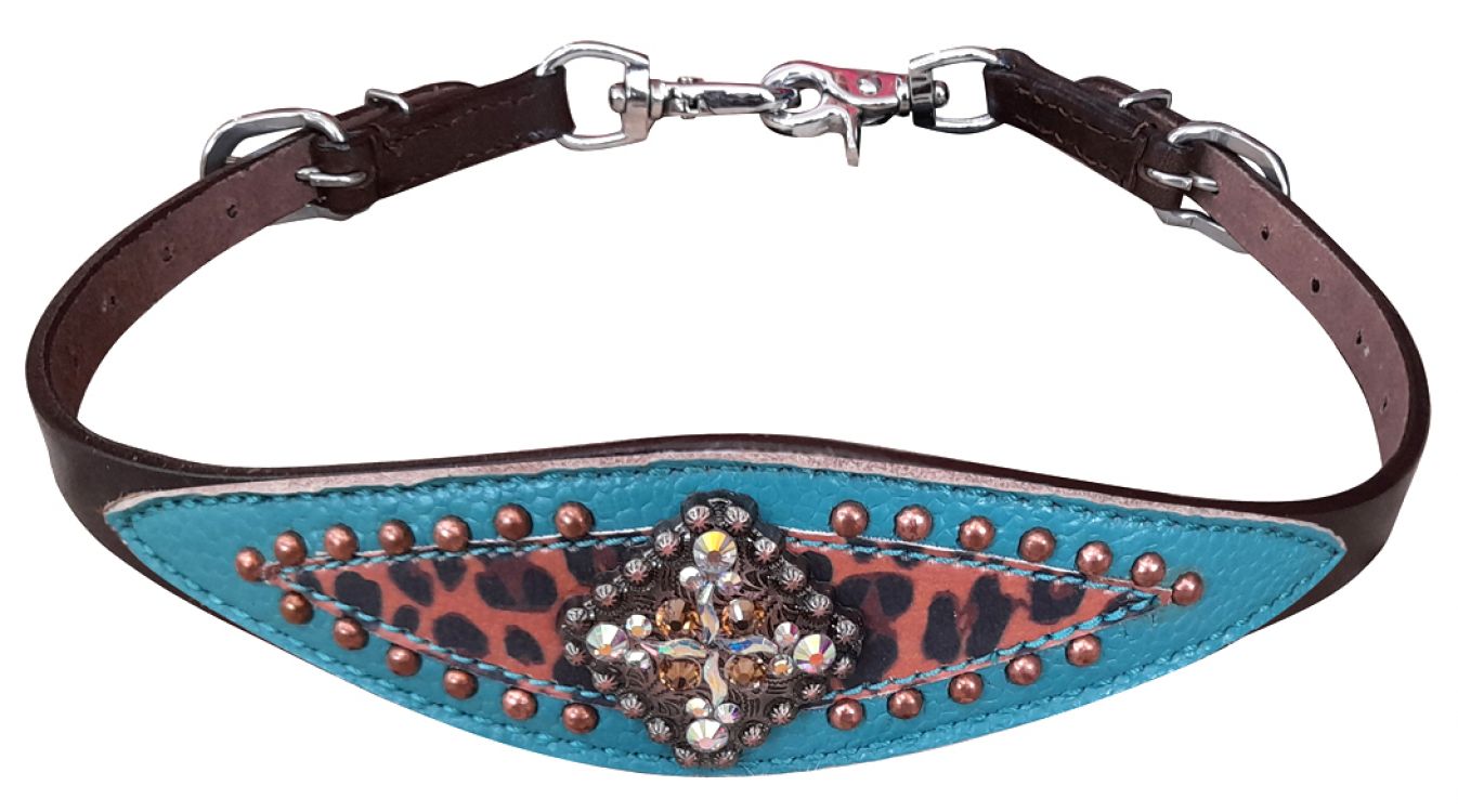 Cheetah and turquoise wither strap with copper beading