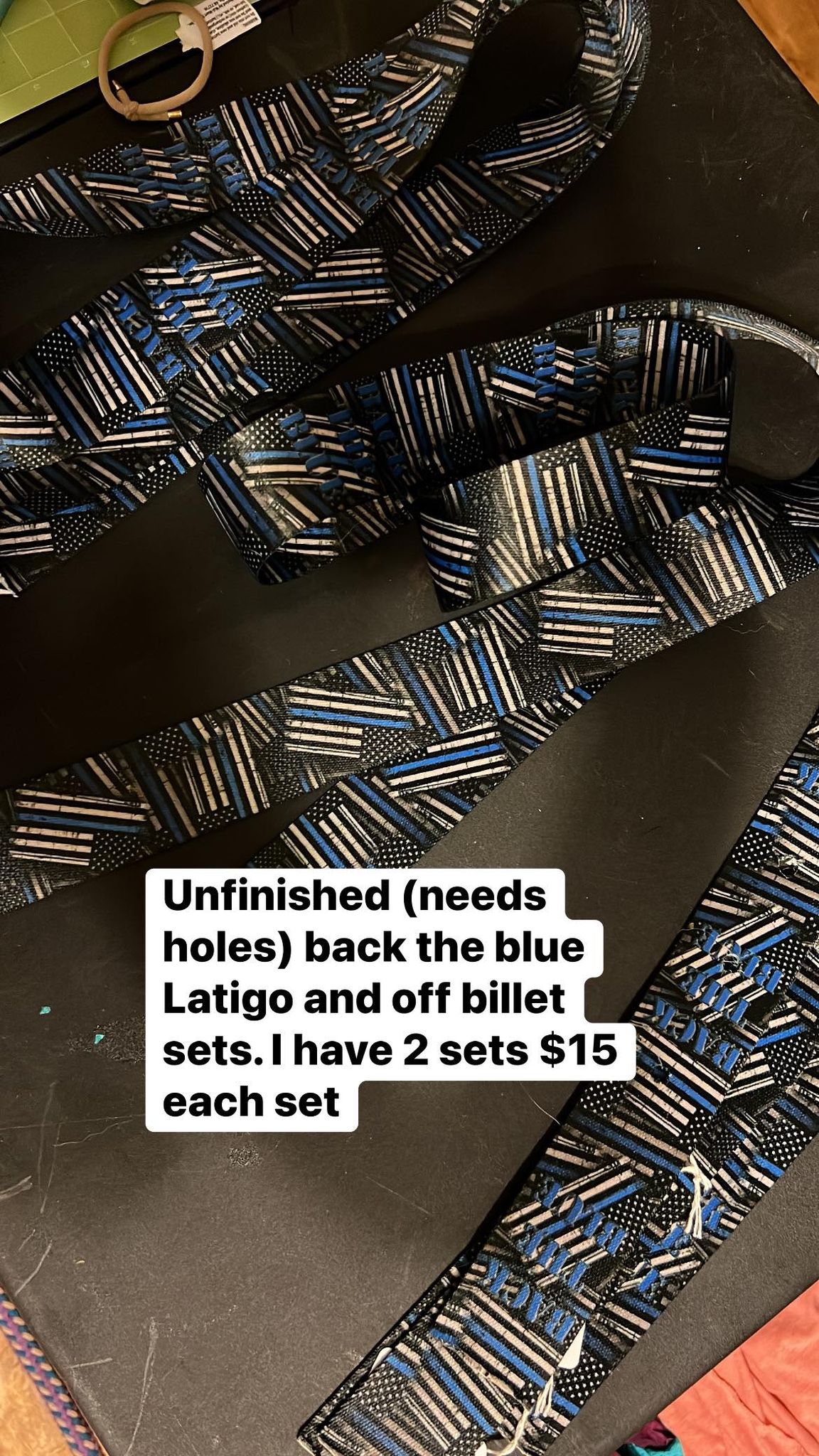 Pile of back the blue unfinished latigos