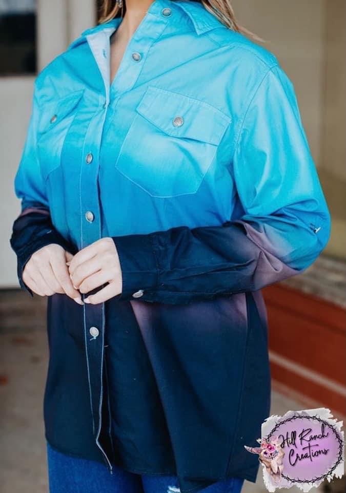 Blue Ombre western button up shirt