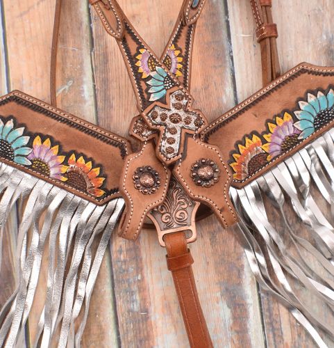 Multi colored sunflower and cross browband tack set