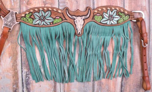 Painted steer skull and cactus fringe tack set