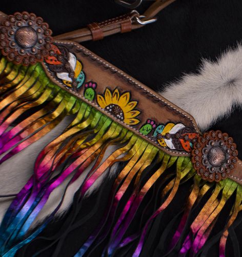 Feather, sunflower and cactus metallic rainbow fringe tack set