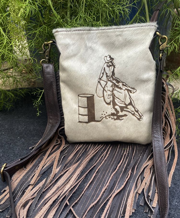 Crossbody hair on hide barrel racer bag