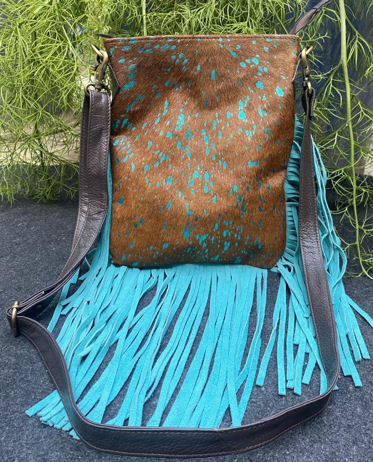 Teal acid wash hair on cowhide crossbody bag