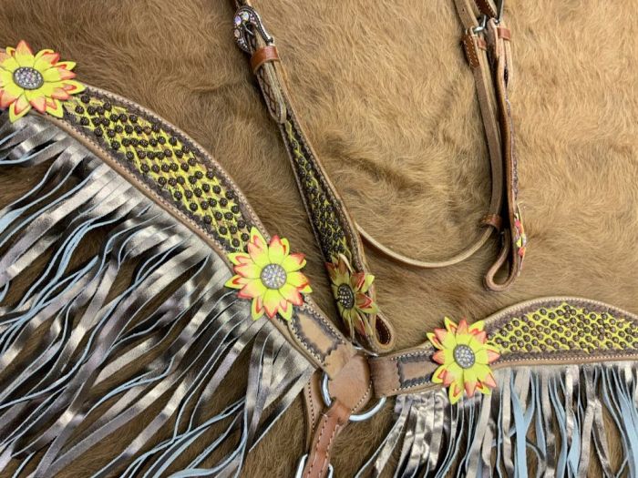3d Floral accent gold leather fringe tack set