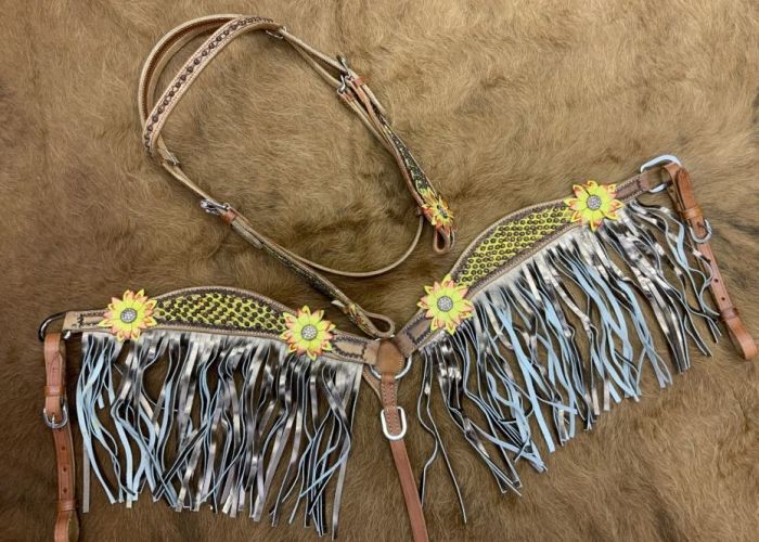 3d Floral accent gold leather fringe tack set