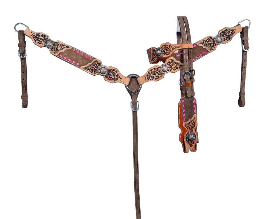 Chocolate oiled browband tack set with pink buck stitch and flower tooling