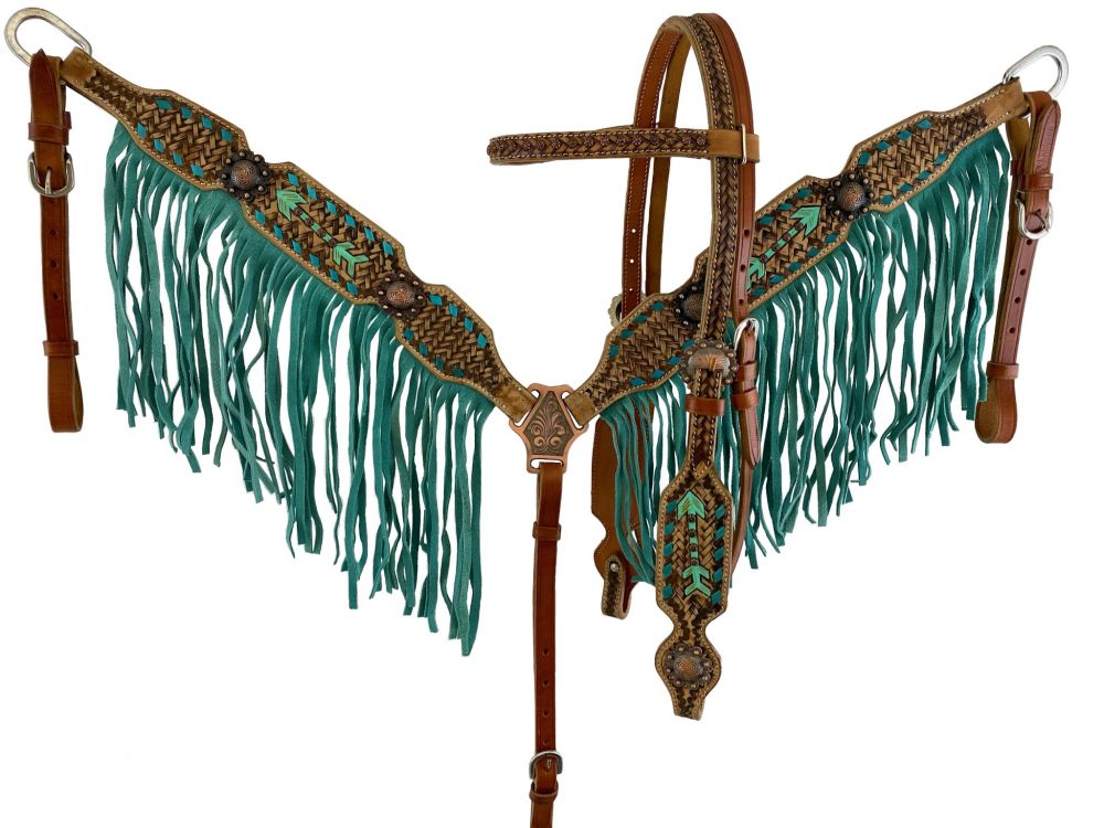 Hand painted arrow design with teal fringe and lacing tack set