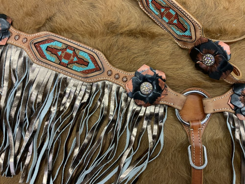 Beaded fringe with 3d flowers tack set