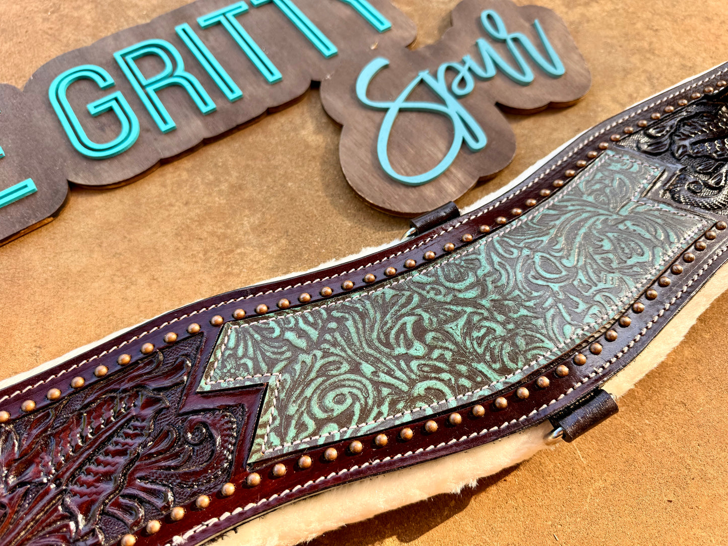 READY TO SHIP- Teal filigree leather girth