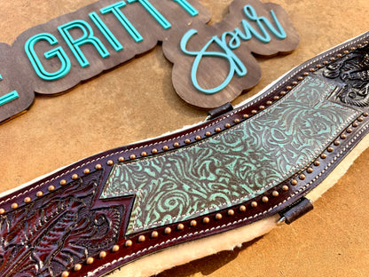 READY TO SHIP- Teal filigree leather girth