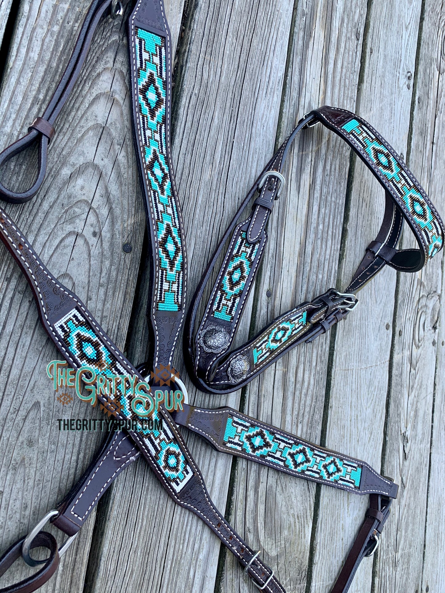 Argentina Cow Leather 3 Piece Headstall and breast collar set with navajo beaded inlay