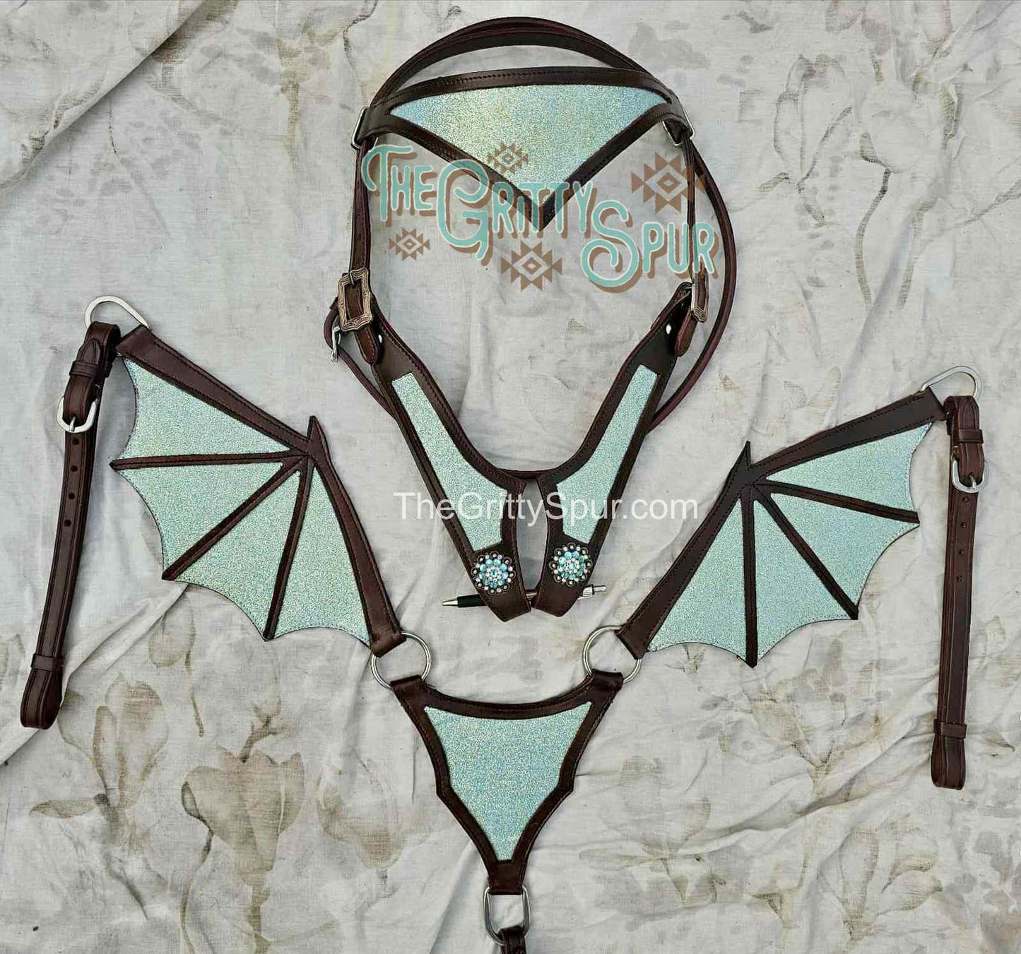 READY TO SHIP- Light blue glitter dragon tack set