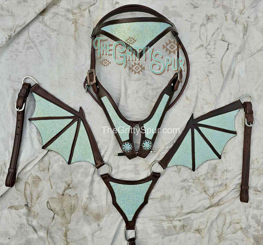 READY TO SHIP- Light blue glitter dragon tack set