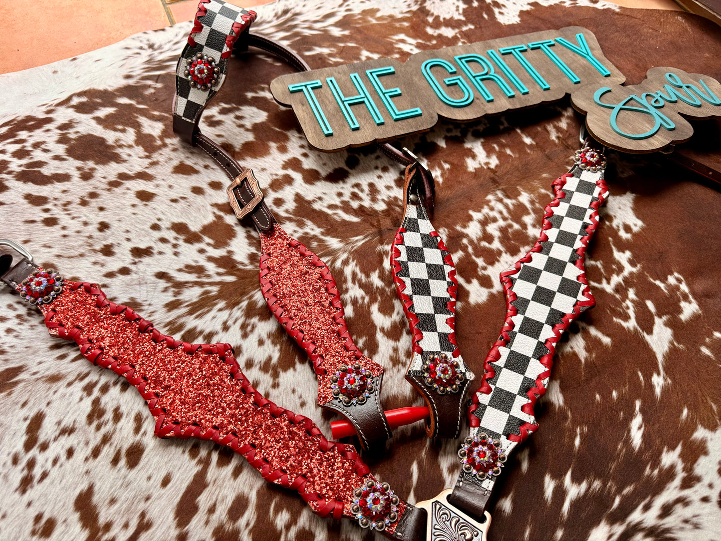 READY TO SHIP- Checker with red glitter tack set