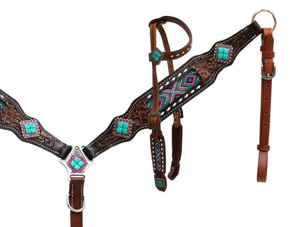 Beaded inlay pink and teal one ear tack set