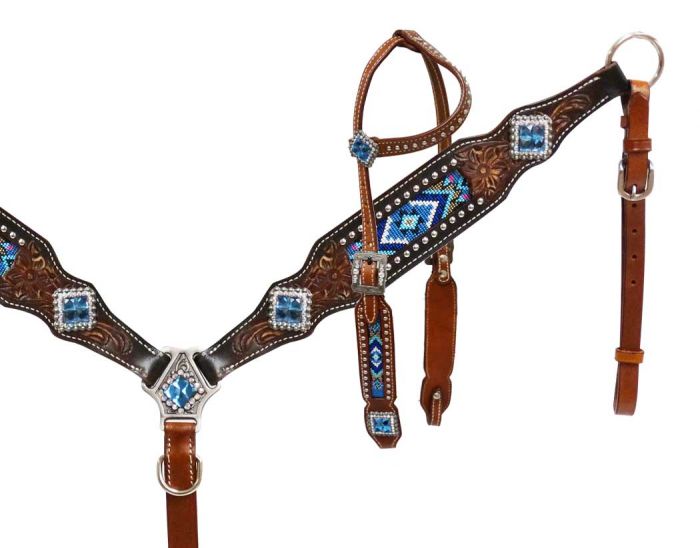 Headstall and breast collar with blue beaded inlay