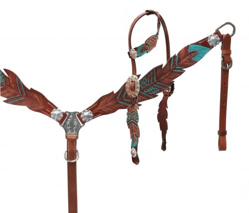 Teal painted feather design tack set