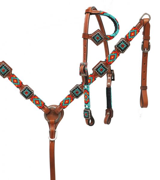 Teal, Gold and Black Beaded headstall and breast collar set