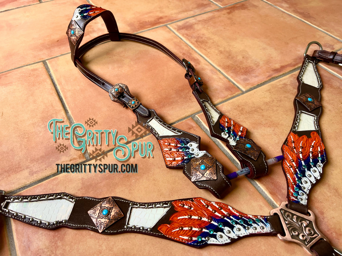 READY TO SHIP- Feather tack set with white gator inlay