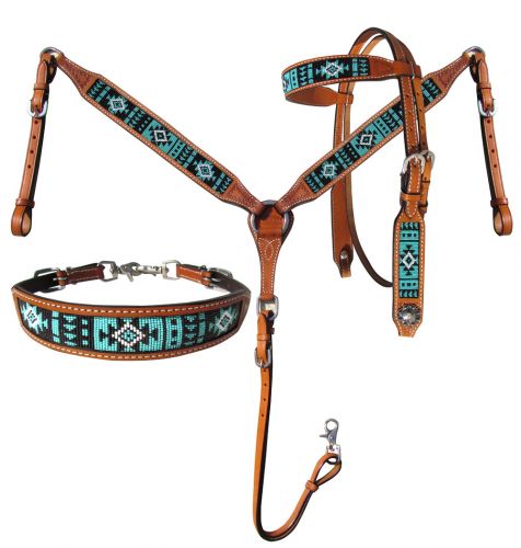 Argentina Cow Leather Headstall and breast collar 3 piece set with turquoise aztec beaded inlay