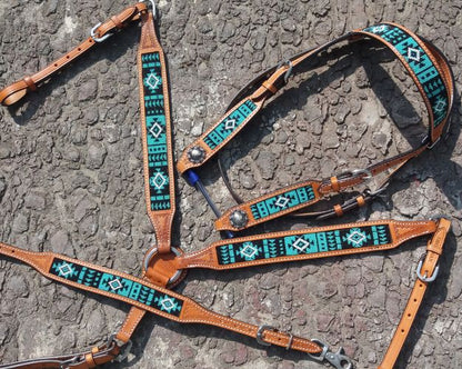 Argentina Cow Leather Headstall and breast collar 3 piece set with turquoise aztec beaded inlay