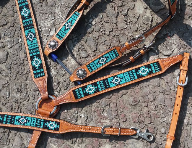 Argentina Cow Leather Headstall and breast collar 3 piece set with turquoise aztec beaded inlay