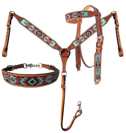Argentina Cow Leather Headstall and breast collar 3 piece set with aztec beaded inlay