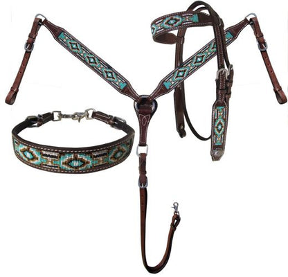 Argentina Cow Leather 3 Piece Headstall and breast collar set with navajo beaded inlay