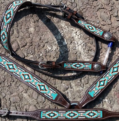 Argentina Cow Leather 3 Piece Headstall and breast collar set with navajo beaded inlay