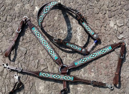 Argentina Cow Leather 3 Piece Headstall and breast collar set with navajo beaded inlay