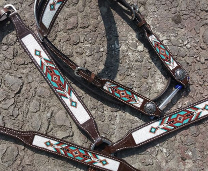 Argentina Cow Leather 3 Piece Headstall and breast collar set with brown and teal navajo beaded inlay