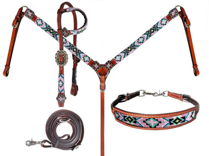 Beaded Pastel Color 4 Piece Headstall and Breastcollar Set