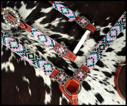 Beaded Pastel Color 4 Piece Headstall and Breastcollar Set