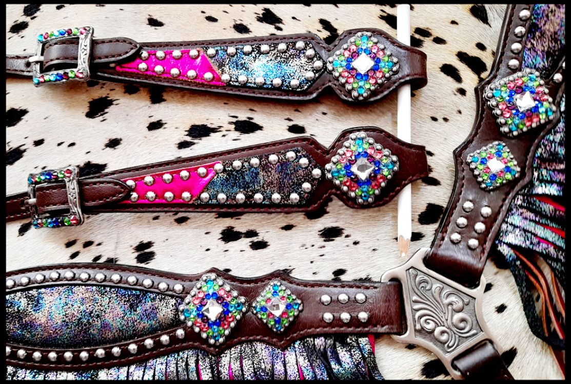 Rainbow Inlay metallic with pink metallic accent one ear headstall and breast collar set