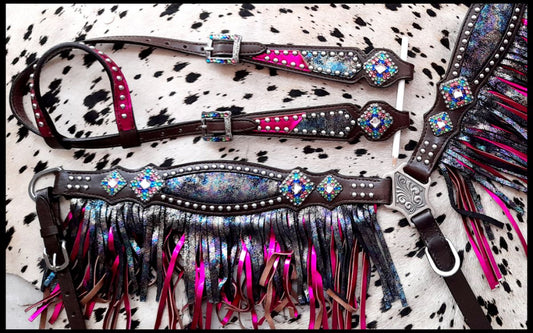 Rainbow Inlay metallic with pink metallic accent one ear headstall and breast collar set