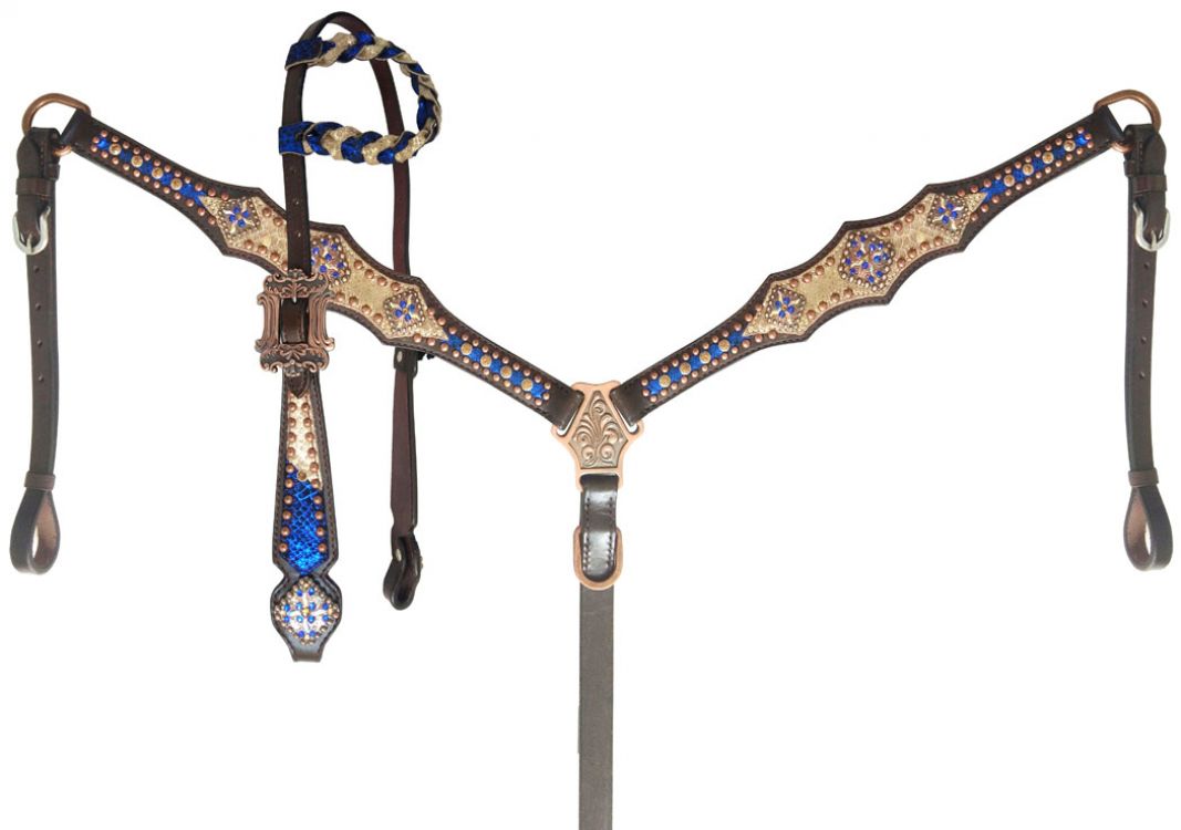 Royal Blue and Gold Braided Single Ear Headstall and Breast Collar Set