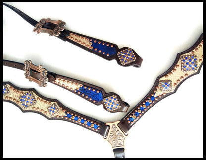 Royal Blue and Gold Braided Single Ear Headstall and Breast Collar Set