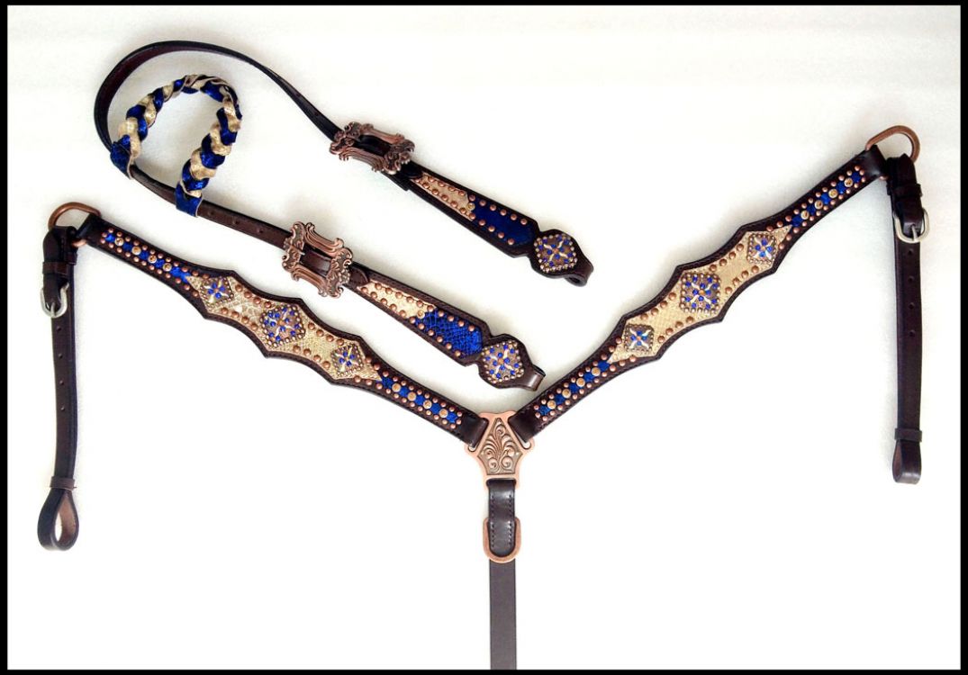 Royal Blue and Gold Braided Single Ear Headstall and Breast Collar Set