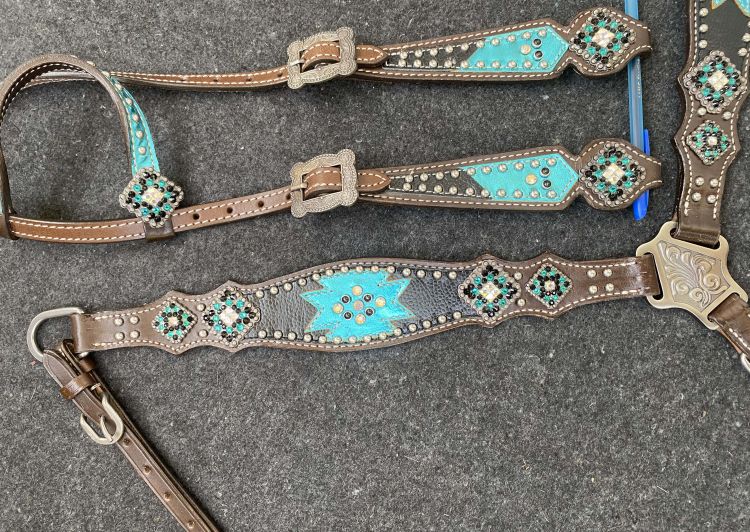 Teal southwest inlay with chocolate accents tack set